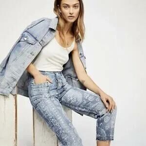 Free People Island Vibes Linen Cotton Relaxed Trousers Blue Size 24 Casual Pants